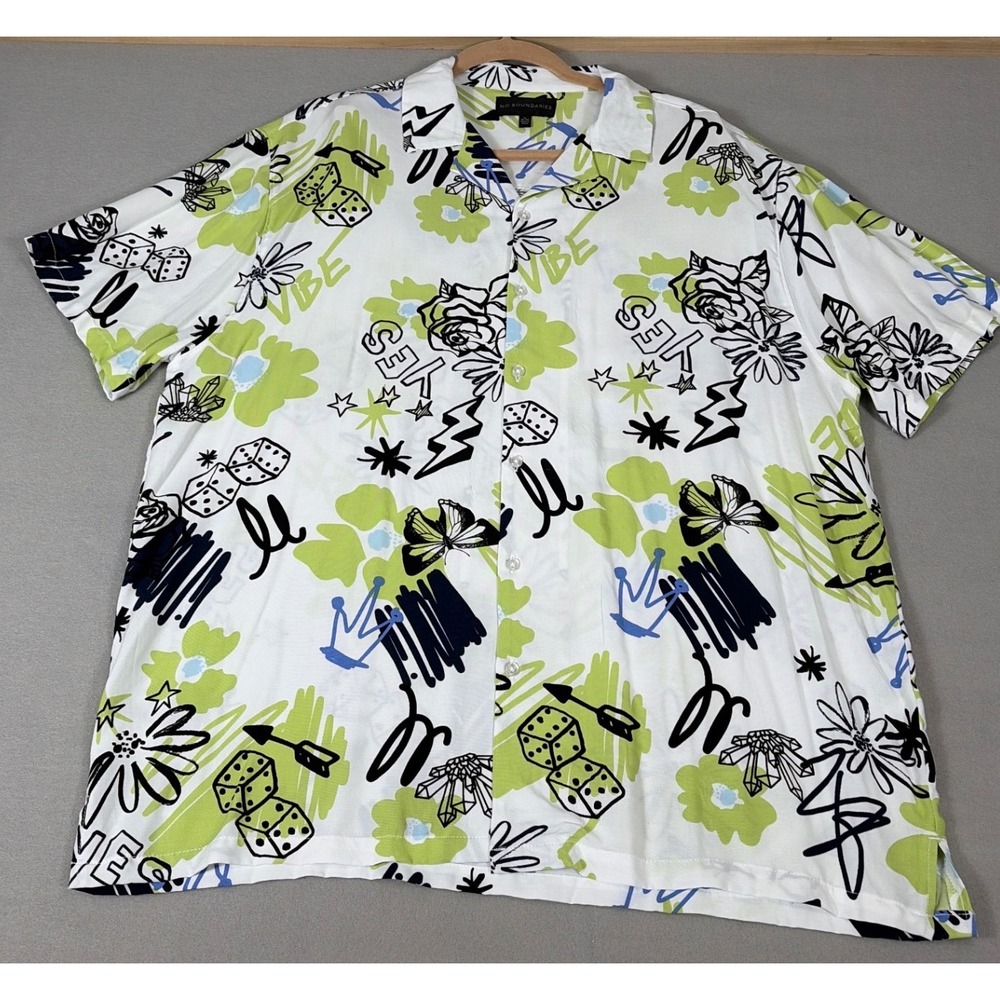 No Boundaries‎ Mens XL Rayon Button Up Shirt Graffiti Floral Doodle Print White